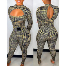 Houndstooth Print Cutout Long Sleeve Jumpsuit - yellow