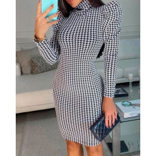 Houndstooth Print Gigot Sleeve Dress - black&white