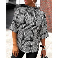 Houndstooth Print Half Sleeve Knit Top - gray