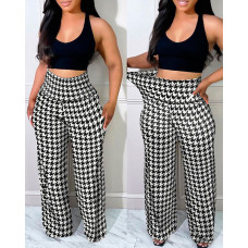 Houndstooth Print High Waist Pants - blackwhite