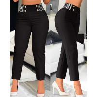 Houndstooth Print High Waist Work Pants - black