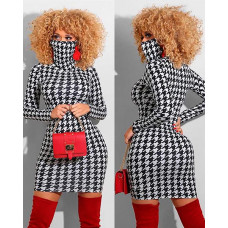 Houndstooth Print Long Sleeve Bodycon Dress With Face Mask - black