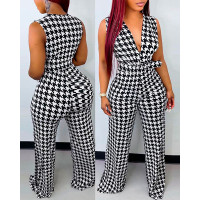 Houndstooth Print Plunging Neck Belted Jumpsuit - black