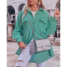 Houndstooth Print Pocket Design Button Front Shacket - green