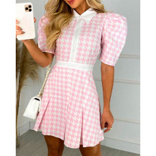 Houndstooth Print Puff Sleeve Casual Dress - pink