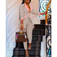 Houndstooth Print Zip Corset Patch Blazer & Pants Set - pink