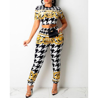 Houndstooth Scarf Print Crop Top & High Waist Pants Set - Multicolor