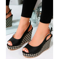 Houndstooth Slingback Peep Toe Wedge Heels - black