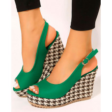 Houndstooth Slingback Peep Toe Wedge Heels - green