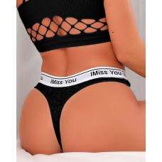 I Miss You Tape Patch Thong Panty - black