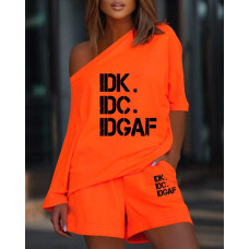 IDK IDC IDGAF Cute Funny Print Casual Top & Shorts Set - orange