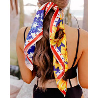 Independence Day American Flag Sunflower Print Square Wrap Head Scarf - blue