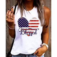 Independence Day Blessed Flag Heart Print Tank Top - white