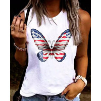 Independence Day Flag Butterfly Print Tank Top - white