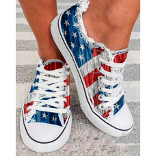 Independence Day Flag Frayed Lace-up Canvas Sneakers - blue&red