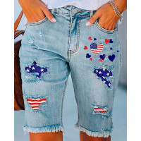 Independence Day Flag Heart Print Patchwork Ripped Denim Shorts - blue