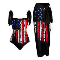 Independence Day Flag Ink Splash Print One Piece Swimsuit With Cover Up - black