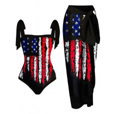 Independence Day Flag Ink Splash Print One Piece Swimsuit With Cover Up - black