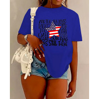 Independence Day Flag Letter Print Crew Neck Casual T-shirt - blue