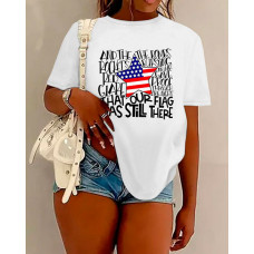 Independence Day Flag Letter Print Crew Neck Casual T-shirt - white