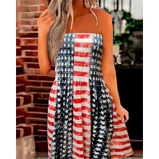 Independence Day Flag Print Bandeau Shirred Casual Dress - red