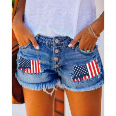 Independence Day Flag Print Buttoned Fringe Denim Shorts - blue