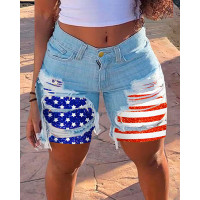 Independence Day Flag Print Buttoned Ripped Raw Hem Denim Shorts - blue