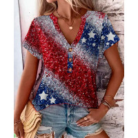 Independence Day Flag Print Buttoned T-shirt - Multicolor