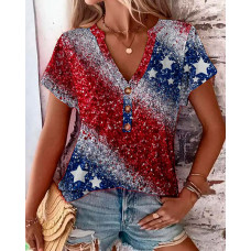 Independence Day Flag Print Buttoned T-shirt - Multicolor