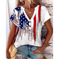 Independence Day Flag Print Buttoned T-shirt - white