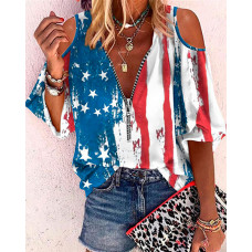 Independence Day Flag Print Cold Shoulder Top - Multicolor