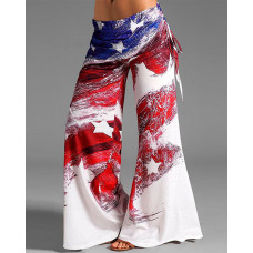 Independence Day Flag Print Drawstring Bootcut Pants - white