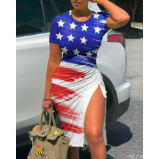 Independence Day Flag Print Drawstring Slit Casual Dress - blue