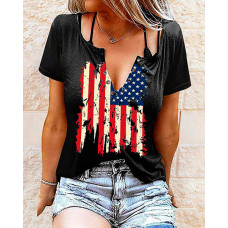 Independence Day Flag Print Eyelet Decor T-shirt - black