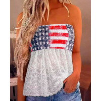 Independence Day Flag Print Lace Patch Shirred Top - white