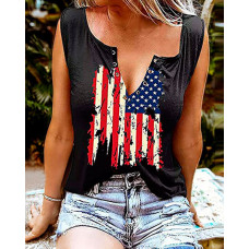 Independence Day Flag Print Notch Neck Tank Top - black