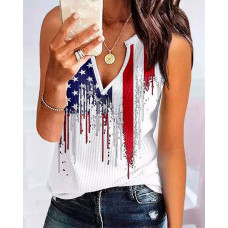 Independence Day Flag Print Notch Neck Tank Top - white