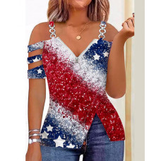 Independence Day Flag Print Ombre Split Hem Cold Shoulder Top - red