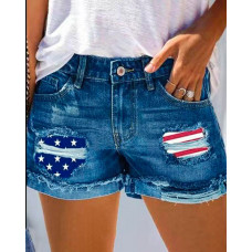 Independence Day Flag Print Patchwork Fringe Hem Denim Shorts - blue