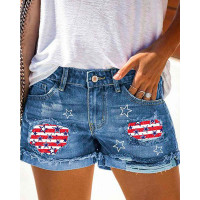 Independence Day Flag Print Patchwork Raw Hem Denim Shorts - blue