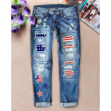 Independence Day Flag Print Patchwork Raw Hem Ripped Cutout Jeans - blue