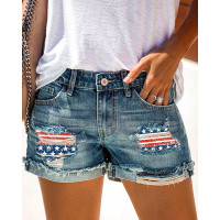 Independence Day Flag Print Patchwork Raw Hem Ripped Denim Shorts - blue