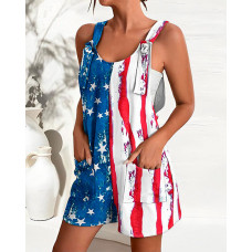 Independence Day Flag Print Pocket Design Suspender Romper - blue