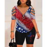 Independence Day Flag Print Rhinestone Top & Shorts Set - Multicolor