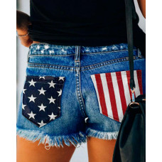 Independence Day Flag Print Ripped Fringe Hem Denim Shorts - blue