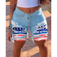 Independence Day Flag Print Ripped High Waist Denim Shorts - blue