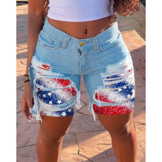 Independence Day Flag Print Ripped Raw Hem Denim Shorts - blue