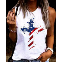 Independence Day Flag Print Round Neck Tank Top - white