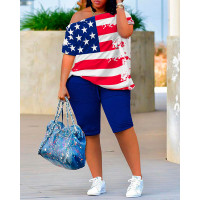 Independence Day Flag Print Short Sleeve Top & Shorts Set - blue