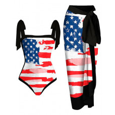 Independence Day Flag Print Tied Detail One Piece Swimsuit With Cover Up - black